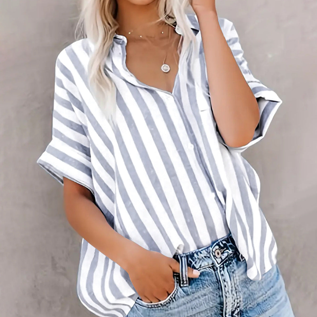 Women's Two-Tone Striped Short-Sleeve Top | Loose-Fit Digital Print Shirt