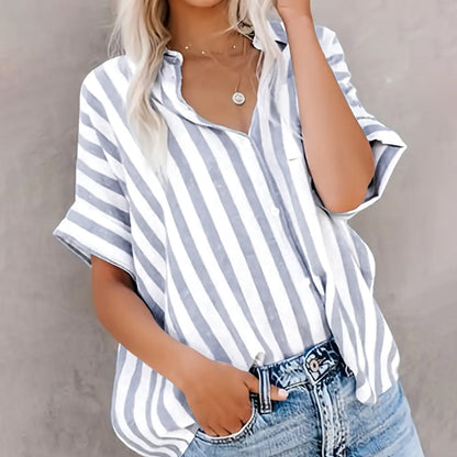 Women's Two-Tone Striped Short-Sleeve Top | Loose-Fit Digital Print Shirt