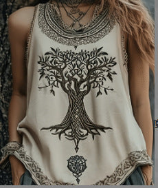 Women's Digital Print Pleated Crew-Neck Tank Top