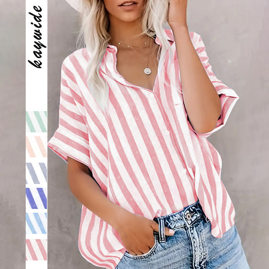 Women's Two-Tone Striped Short-Sleeve Top | Loose-Fit Digital Print Shirt
