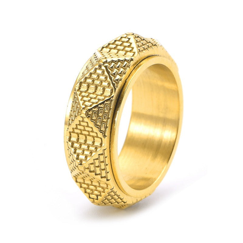 Men's Titanium Steel Pyramid Ring – Retro Geometric Silver, Gold & Black Band