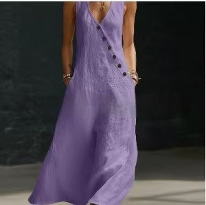 Women's Sleeveless Buttoned A-Line Linen Maxi Dress