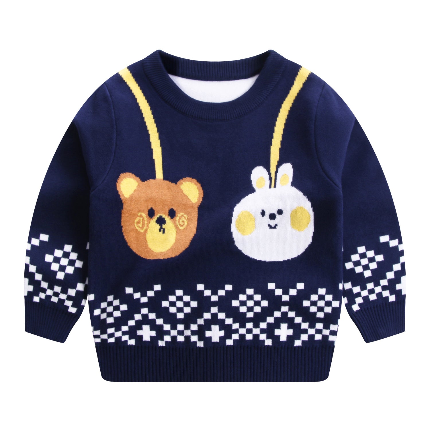 Kids Double-Layer Cotton Cartoon Print Sweater | Navy & Wine Red