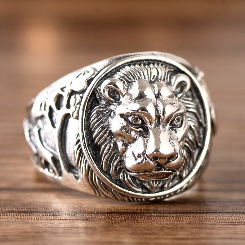 Men's Thai Silver Lion Head Ring – Domineering Beast Statement Band