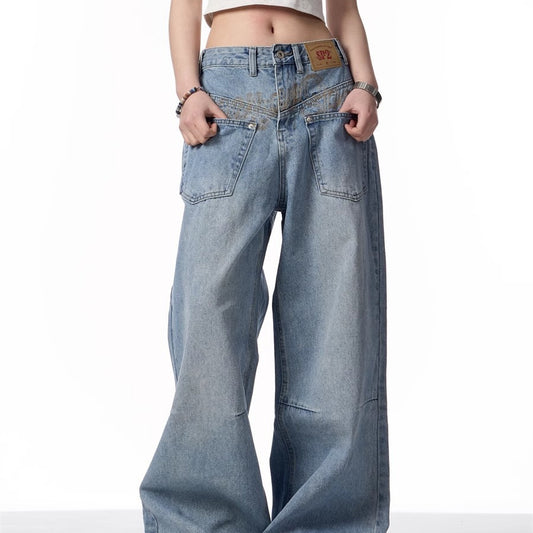 Men's Retro Washed Denim Jeans - Reversible Design, Mid-Rise