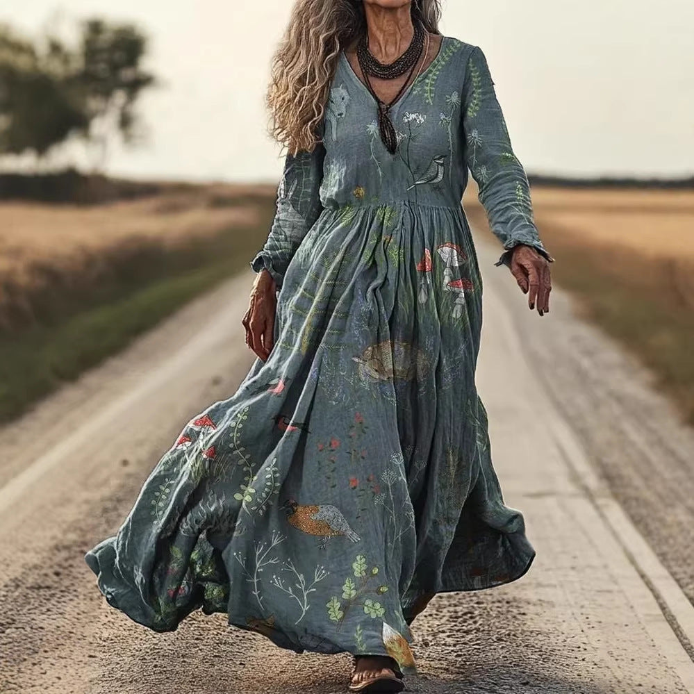 Women's 3D Print V-Neck Long Sleeve A-Line Dress