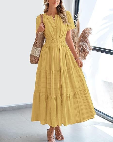 Women's V-Neck Pleated Puff Sleeve Maxi Dress