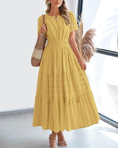 Women's V-Neck Pleated Puff Sleeve Maxi Dress