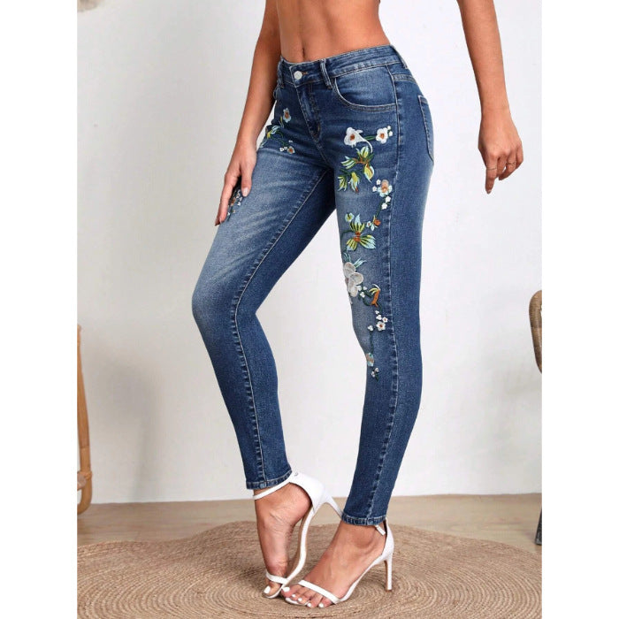 Women's High-Waist Slim-Fit Jeans | Floral Embroidery | XS–2XL