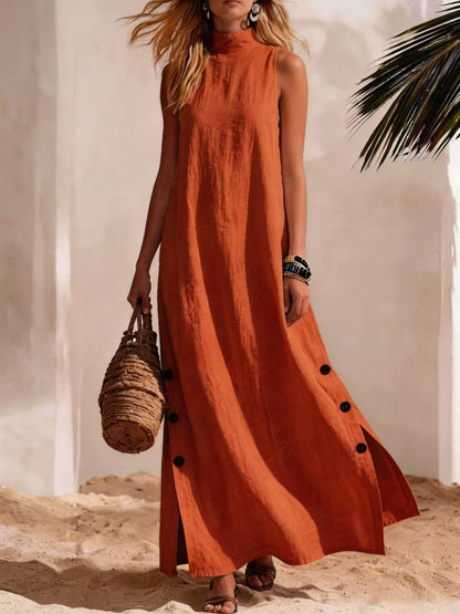 Women's Sleeveless Cotton Linen Midi Dress with Side Slits