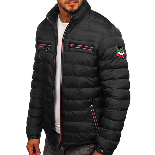 Men's Stand Collar Zip-Up Padded Jacket | Black, Blue & Red | S to 3XL