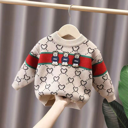 Children's Bear Print Velvet Thickened Pullover Sweater | Boys & Girls Winter Top