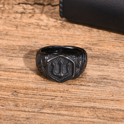 Men's Stainless Steel Trident Ring – Auspicious Cloud Design Steel & Black