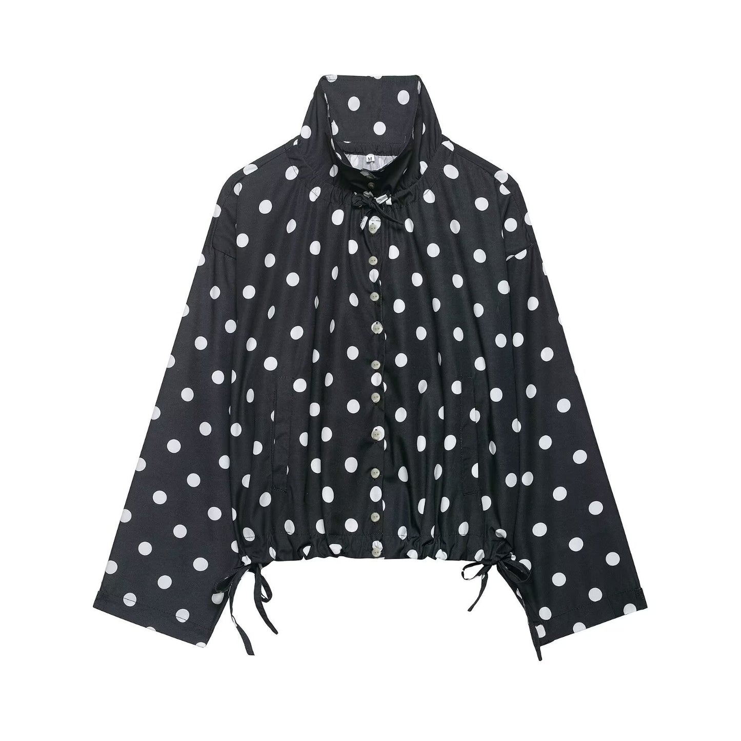 Women's Polka Dot Long-Sleeve Coat | Stand Collar Bow-Tied Single-Breasted Jacket