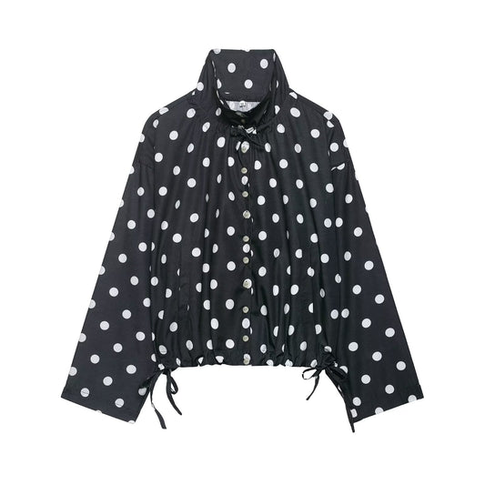 Women's Polka Dot Long-Sleeve Coat | Stand Collar Bow-Tied Single-Breasted Jacket