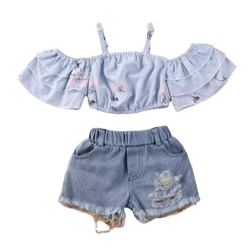 Girls' Floral Print Top & Suspender Denim Shorts Set
