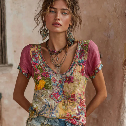 Women's Printed Patchwork Round-Neck T-Shirt