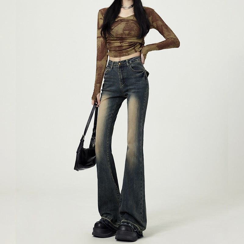 Women's Vintage High-Waist Flared Jeans with Embroidery - S-2XL
