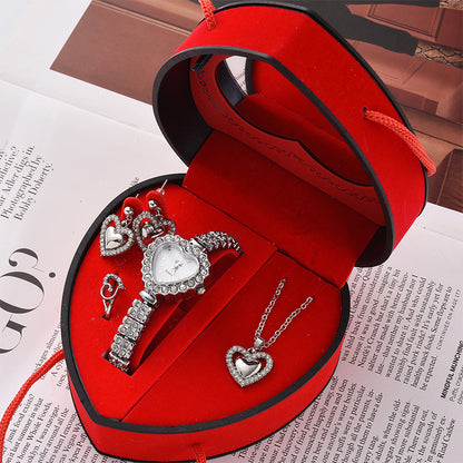 Women's Watch & Jewellery Gift Set | Heart Box | Gold & Silver