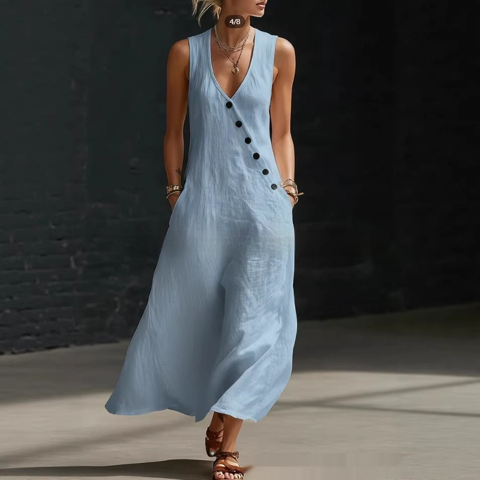 Women's Sleeveless Buttoned A-Line Linen Maxi Dress