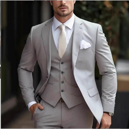 Men's Slim-Fit Luxury Three-Piece Suit | Beige & Grey