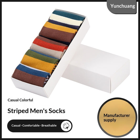 Men's Cotton Over-the-Knee Striped Socks – 5 Pairs Sweat-Absorbent Mixed Colour Bundle