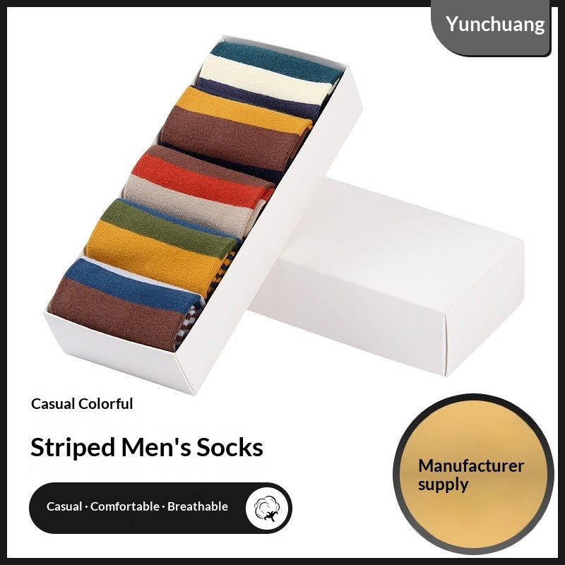 Men's Cotton Over-the-Knee Striped Socks – 5 Pairs Sweat-Absorbent Mixed Colour Bundle