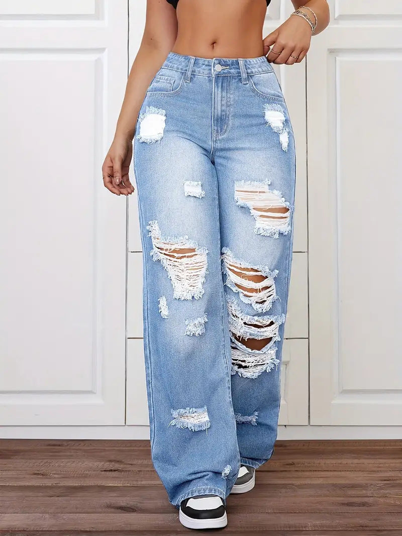 Women's High-Rise Straight Leg Ripped Jeans – Vintage Washed Denim