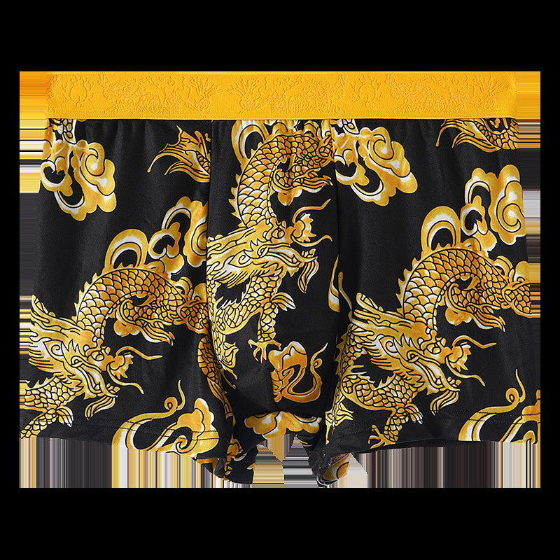 Men's Dragon Print Milk Silk Boxer Briefs – Quick-Dry Mid-Waist 4 Colours