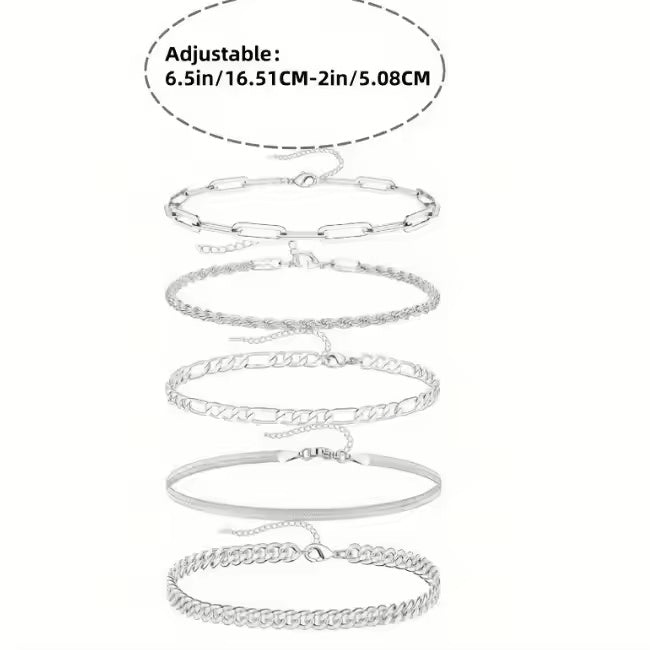 14K Silver Plated Stackable Bracelet Set | 5 Dainty Bracelets for Women