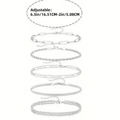 14K Silver Plated Stackable Bracelet Set | 5 Dainty Bracelets for Women