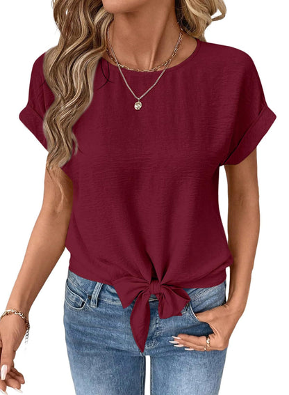 Women's Bow-Tied Hem Short-Sleeve Top | Round-Neck Pullover Shirt
