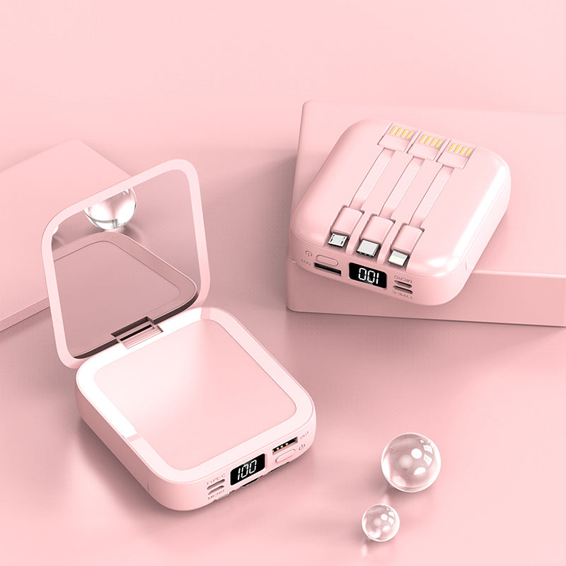 Portable Beauty Mirror Power Bank with Built-In Cable – 10000mAh & 20000mAh