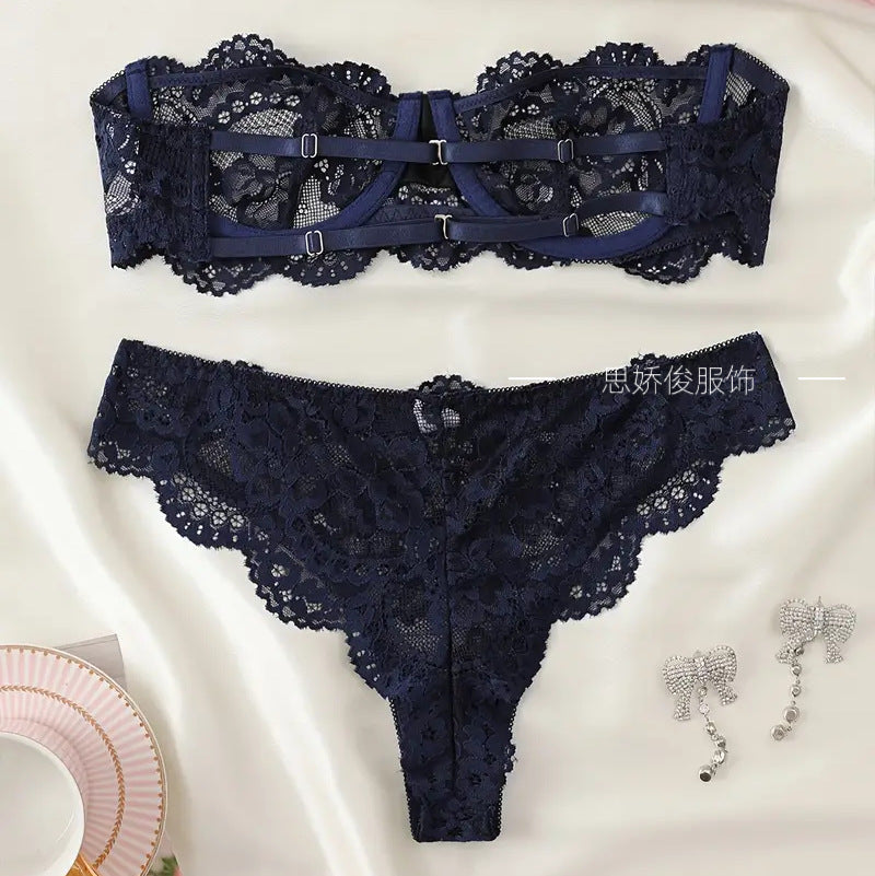 Women's Lace Floral Lingerie Set in Navy Blue | Bra & Knicker Set
