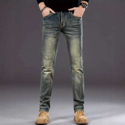 Men's Retro Slim Fit Jeans – Vintage Blue Washed Denim, Waist 30–40