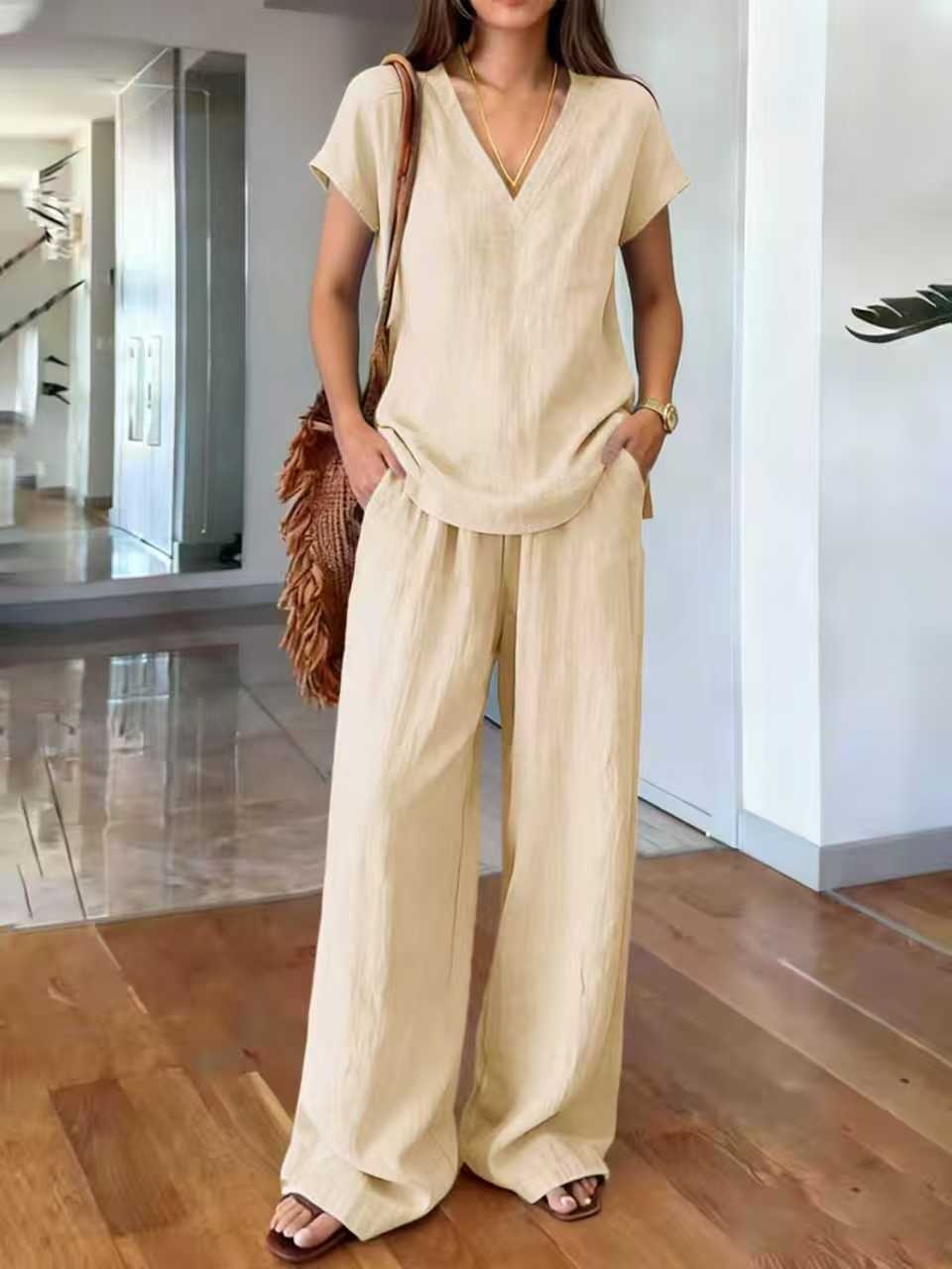 Women's V-Neck Short Sleeve Top and Wide-Leg Pants Co-ord Set