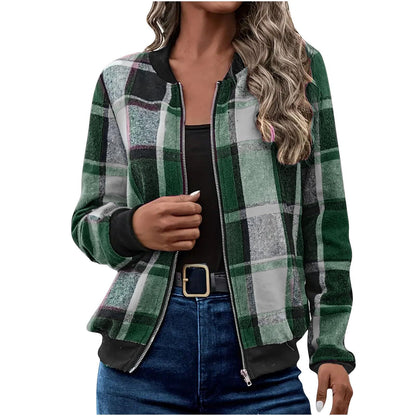 Women's Plaid Zip-Up Baseball Jacket – 8 Colours, Sizes S–XXL
