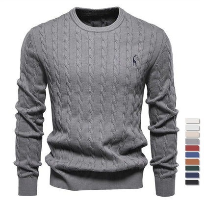 Men's Deer Embroidered Cotton Pullover Sweater | Autumn Casual Knitwear