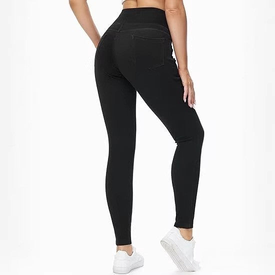 Women's High-Waist Faux Denim Slim Trousers - Elastic Waist, 3 Colours