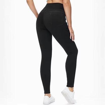 Women's High-Waist Faux Denim Slim Trousers - Elastic Waist, 3 Colours