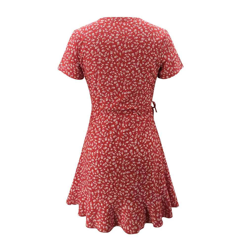 Women's V-Neck Ruffled Lace A-Line Mini Dress | Short-Sleeve Slim-Fit Cotton Blend Dress