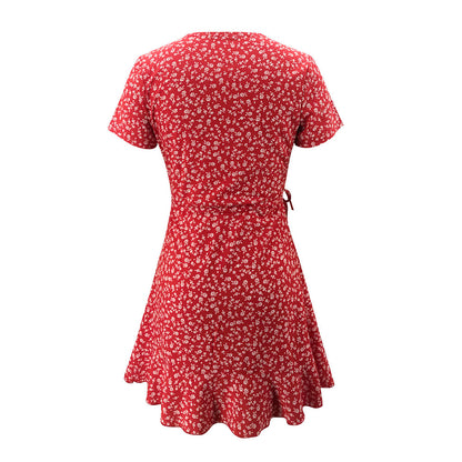 Women's V-Neck Ruffled Lace A-Line Mini Dress | Short-Sleeve Slim-Fit Cotton Blend Dress