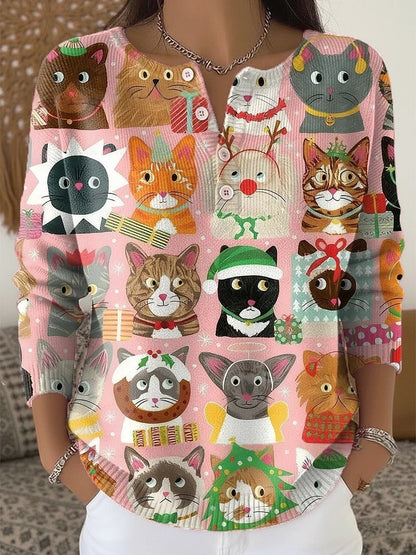 Women's Digital Print Hooded Long-Sleeve Shirt | Wide-Button Brushed Top