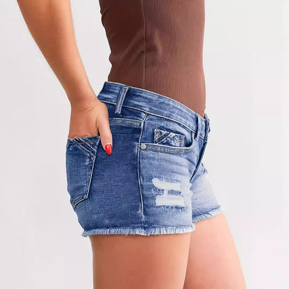 Women's Ripped Patchwork Denim Shorts | Button Fly | Light Blue