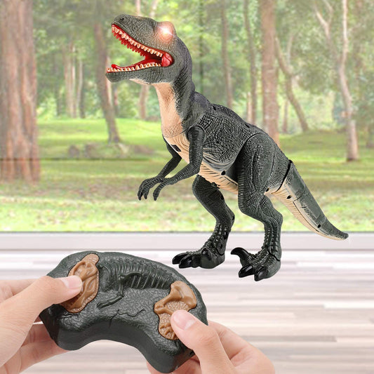 RC Walking Velociraptor Dinosaur Toy - Roaring Sounds Light-Up Eyes Infrared Remote Age 3+