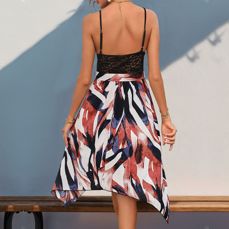 V-Neck Sleeveless Lace Print Midi Dress | High Waist