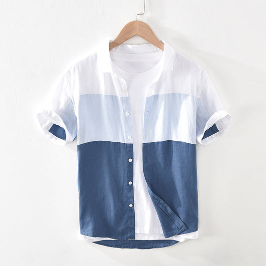 Men's Patchwork Linen Shirt | Loose Fit Short Sleeve | Sizes M–3XL
