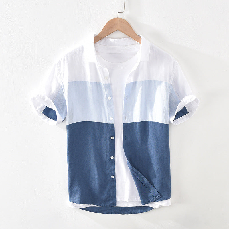 Men's Patchwork Linen Shirt | Loose Fit Short Sleeve | Sizes M–3XL