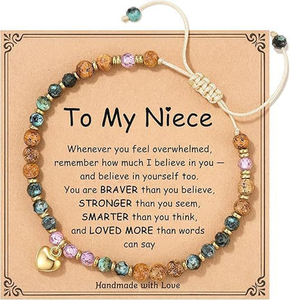 Natural Stone Heart Pendant Bracelet | Hand-Woven Turquoise & Gold Bead Wax Cord