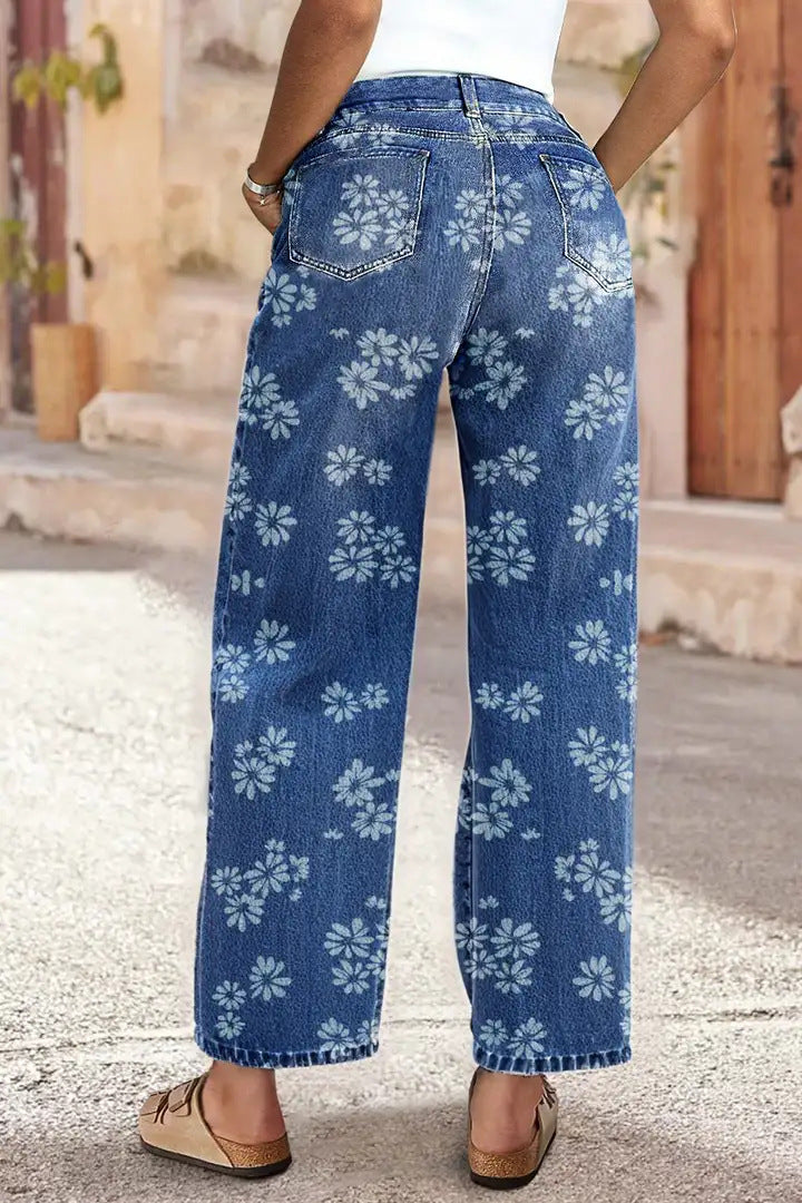 Women's High-Waist Straight-Leg Floral Print Jeans - Light & Dark Blue